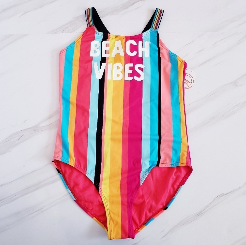 Wonder Nation Kids One Piece Bathing-Suit Striped Multicolored Rainbow Swimsuit